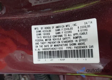 2014 Honda Accord Lx z USA, uszkodzony, nr VIN 1HGCR2F34EA211530